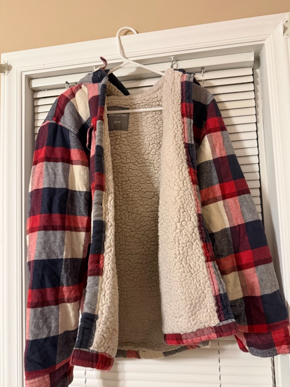 Hollister Red, Navy & Cream Plaid Sherpa Hoodie